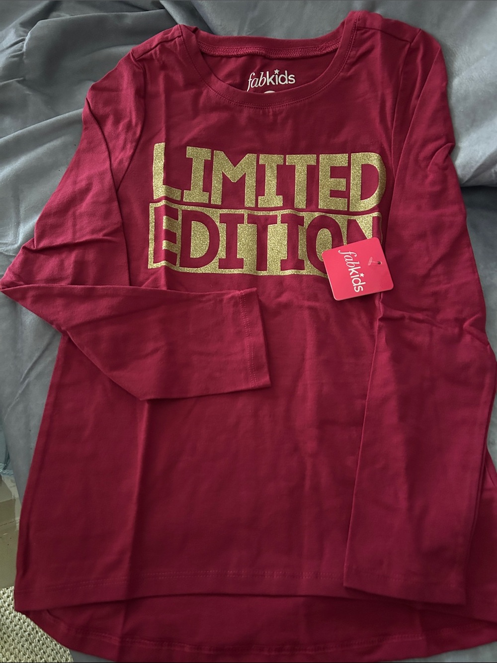 fabkids Berry Long Sleeve Tee with Gold Glitter Text - 10 - 12